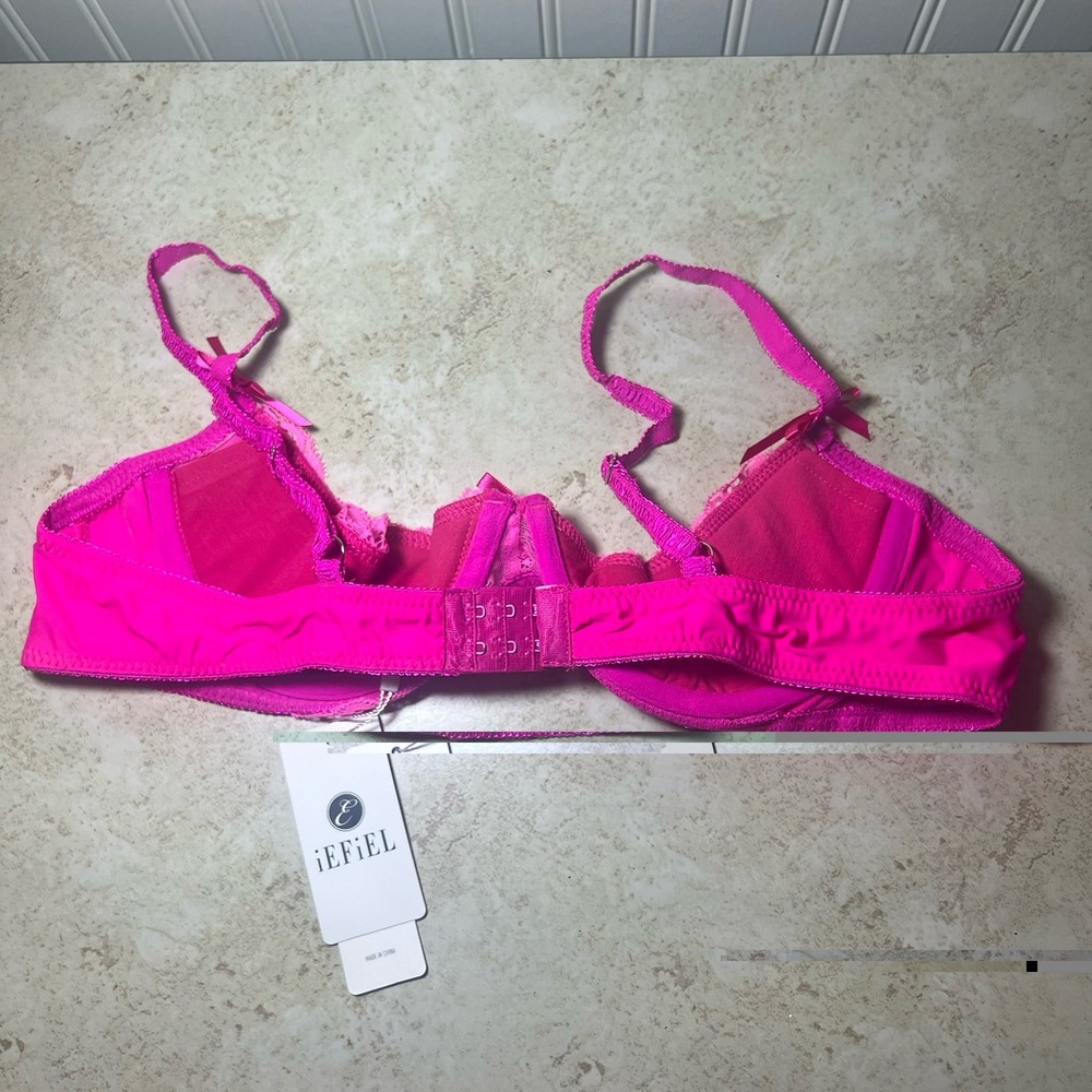 NWT iEFiEL Pink Lace Balconette Underwire Bra Lingerie Size XL Unlined Floral - Picture 3 of 6